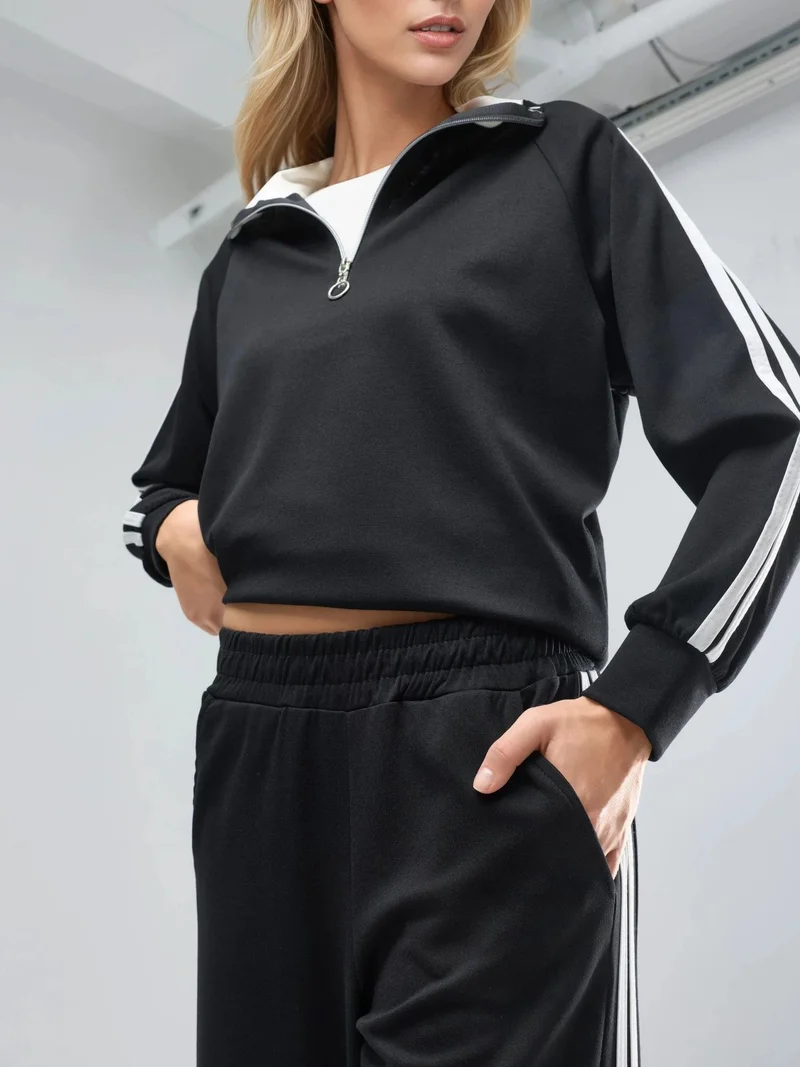 Hiccup Black Modal Touch Wide Leg Striped Two-Piece Coord Set with Zipper Collar Bersan Collection for Women | Best Price UAE